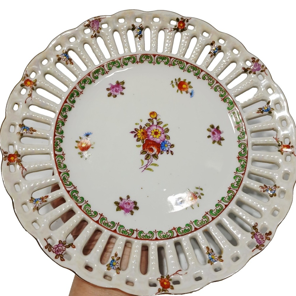 Vintage Coronation China Japan Plate Floral Reticulated Pierced Gold Gilding 10"